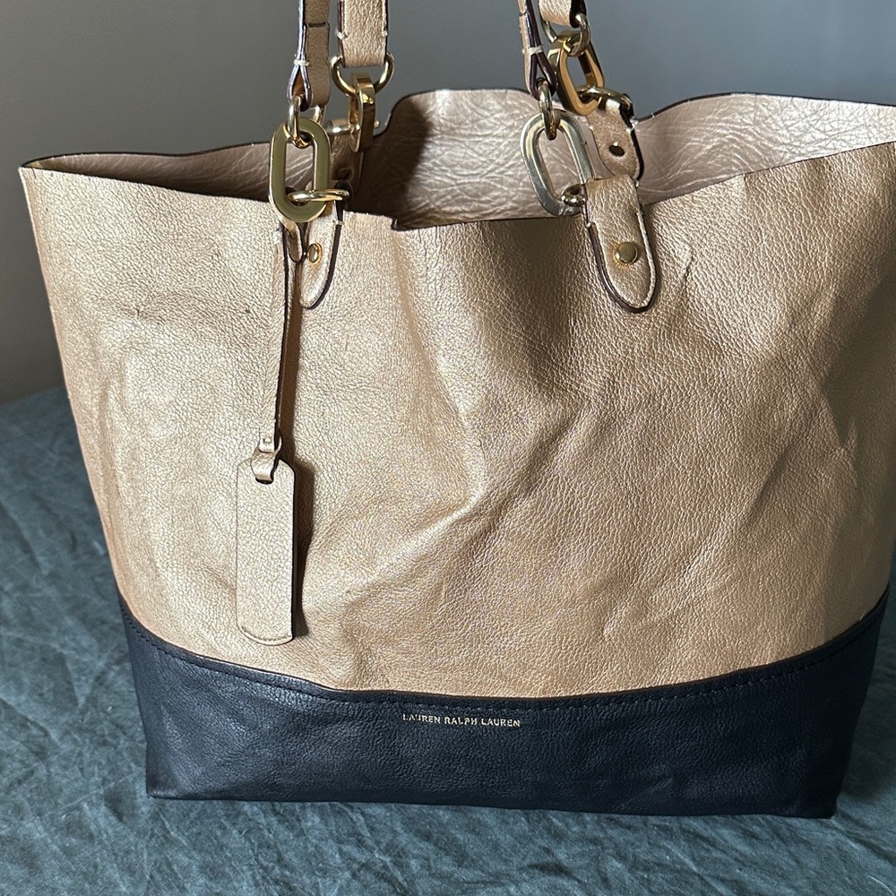 Lauren Ralph Lauren Two-Tone Leather Tote in Tan and Black